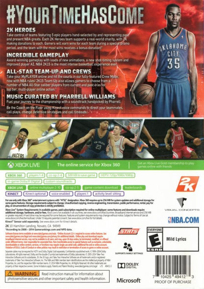 NBA 2K15 Xbox 360 basketball simulation video game with Kevin Durant cover athlete MyCAREER story mode, MyTEAM card collecting, The Park online streetball, authentic teams players, 2K Sports back cover