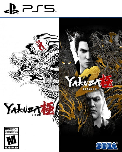 Yakuza Kiwami and Yakuza Kiwami 2 PlayStation 5 PS5 for action adventure role playing video game fans featuring open world Japanese city exploration intense street combat cinematic storytelling Kazuma Kiryu character driven missions dramatic crime narratives mini games side activities and immersive Yakuza gameplay collectible gaming appeal front cover art