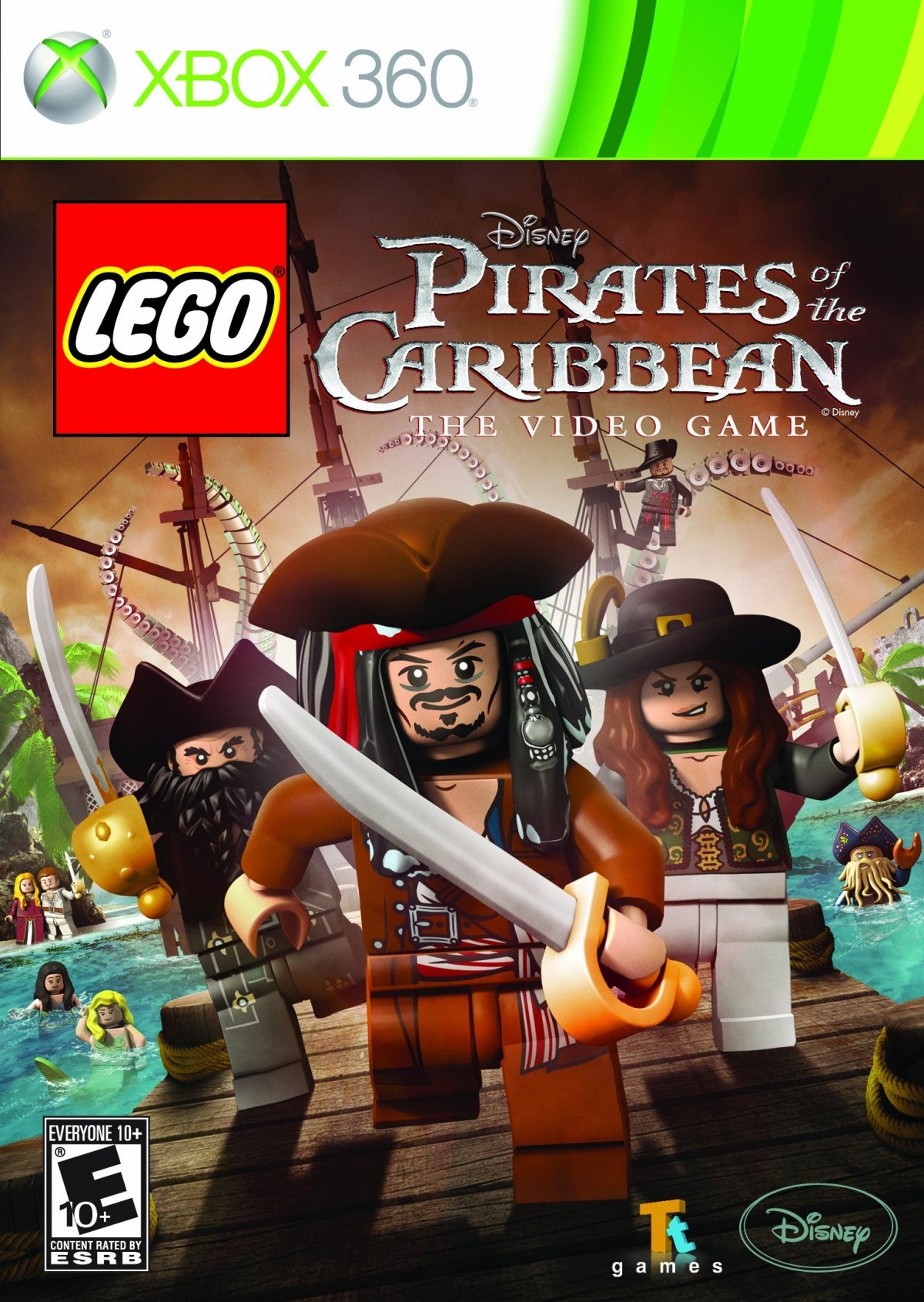 LEGO Pirates of the Caribbean Xbox 360 action-adventure video game featuring brick-based humorous retellings of the first four Pirates of the Caribbean films, cooperative gameplay, character unlocks, ship battles, puzzle solving, and family-friendly exploration built with LEGO’s signature charm and humor. cover