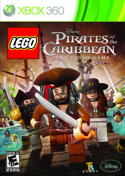 LEGO Pirates of the Caribbean Xbox 360 action-adventure video game featuring brick-based humorous retellings of the first four Pirates of the Caribbean films, cooperative gameplay, character unlocks, ship battles, puzzle solving, and family-friendly exploration built with LEGO’s signature charm and humor. cover