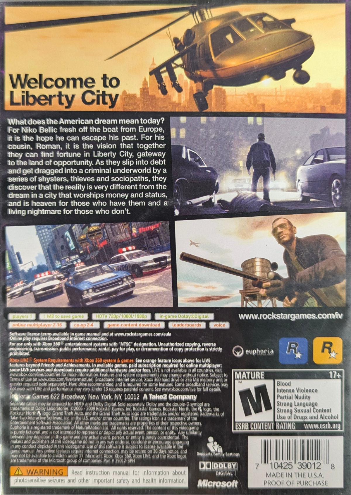 Grand Theft Auto IV [Platinum Hits] for Xbox 360 (X360) at Gamers INC, featuring Rockstar’s groundbreaking open-world crime epic starring Niko Bellic in Liberty City, with a gritty cinematic story, emergent sandbox gameplay, intense gunfights and driving, and robust multiplayer modes in a definitive budget-friendly Platinum Hits release back cover