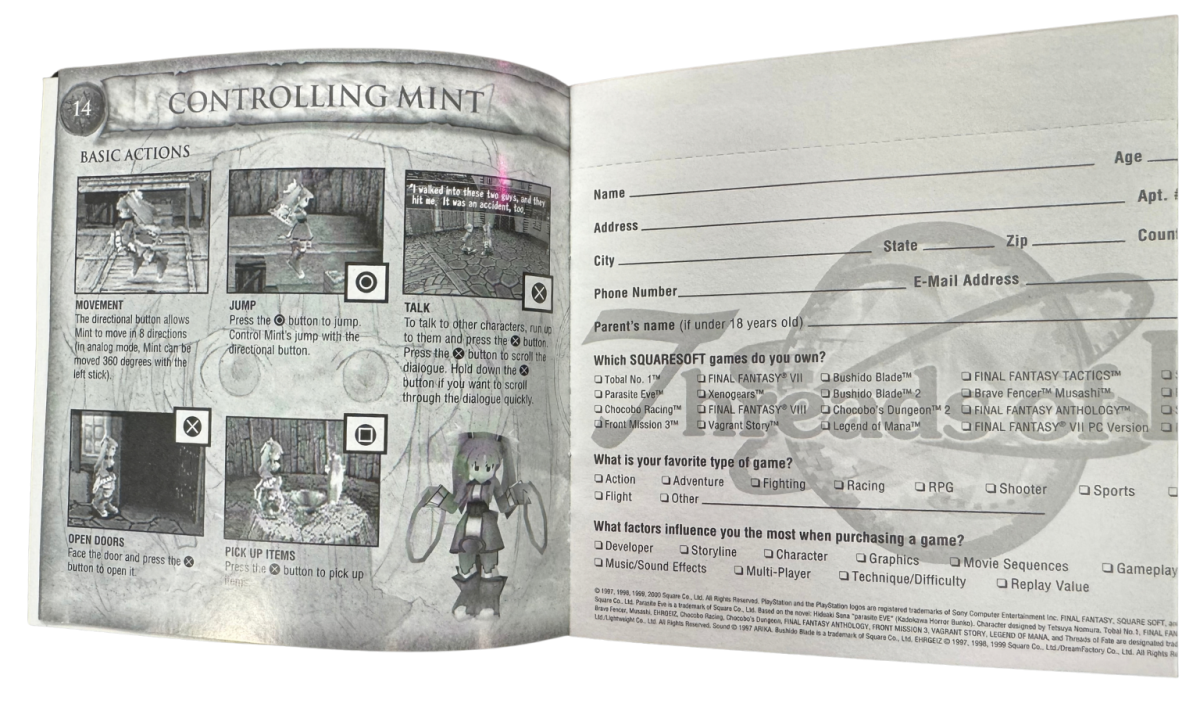 Threads of Fate CIB Sony PlayStation PS1 video game featuring action role playing gameplay Mint and Rue characters fantasy adventure real time combat magic abilities exploration puzzle solving quests and classic 32 bit PlayStation gameplay retro video game collection collectible gaming appeal manual