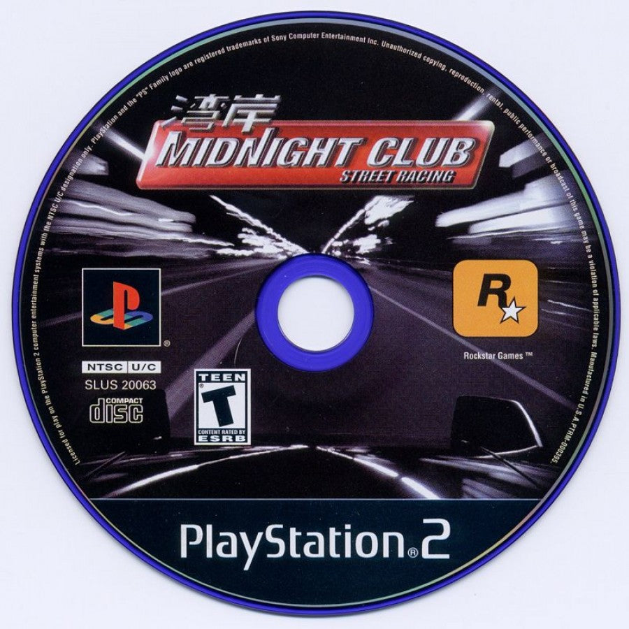 Midnight Club Street Racing disc art PlayStation 2 (PS2) featuring underground street racing through New York and London with customizable cars and fast arcade action. 
