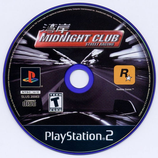 Midnight Club Street Racing disc art PlayStation 2 (PS2) featuring underground street racing through New York and London with customizable cars and fast arcade action. 