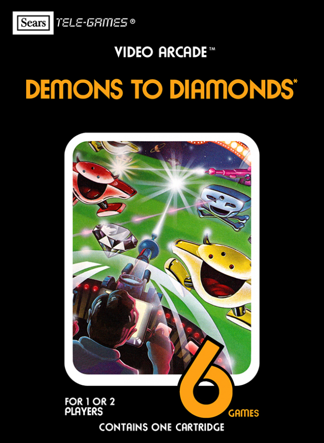 Demons to Diamonds Atari 2600 inspired design featuring classic arcade shooter aesthetic vintage joystick gameplay minimalist pixel graphics retro score chasing action early home console gaming history nostalgic Atari presentation front cover