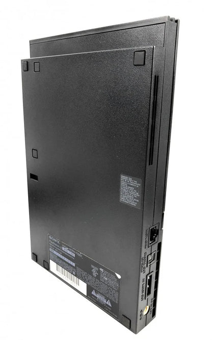 Bottom view of the PlayStation 2 Slim console standing vertically, showing console base, ventilation grilles, model information label, and support stand design for stability