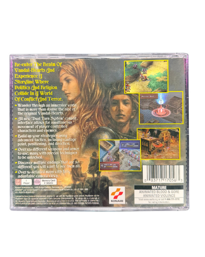 Vandal Hearts II PlayStation PS1 for tactical role playing video game fans featuring turn based strategy combat fantasy battles character progression weapon upgrades challenging missions deep political storyline medieval environments classic Konami JRPG gameplay collectible gaming appeal back cover art