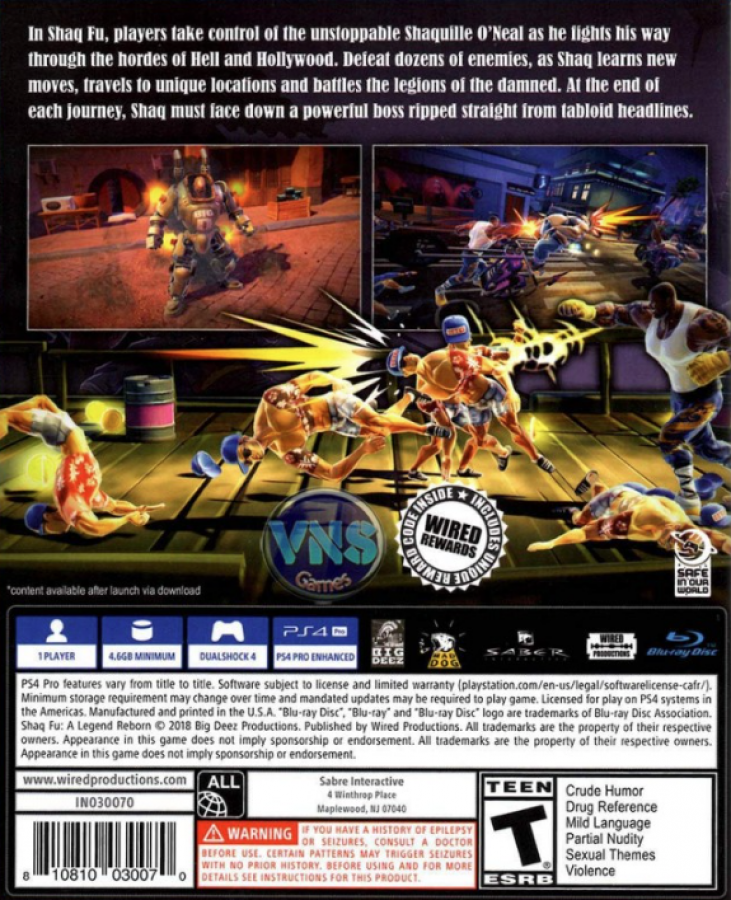 Shaq Fu: A Legend Reborn – PlayStation 4 (PS4) video game back of case, beat 'em up action title