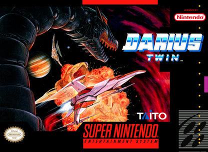 Darius Twin Super Nintendo Entertainment System SNES retro video game shoot em up action featuring side scrolling space combat challenging enemy waves powerful weapons futuristic spacecraft gameplay classic 16 bit graphics Super Nintendo gaming experience retro game collection appeal cover art