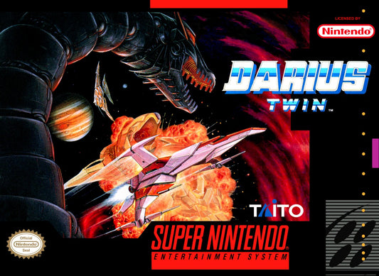 Darius Twin Super Nintendo Entertainment System SNES retro video game shoot em up action featuring side scrolling space combat challenging enemy waves powerful weapons futuristic spacecraft gameplay classic 16 bit graphics Super Nintendo gaming experience retro game collection appeal cover art