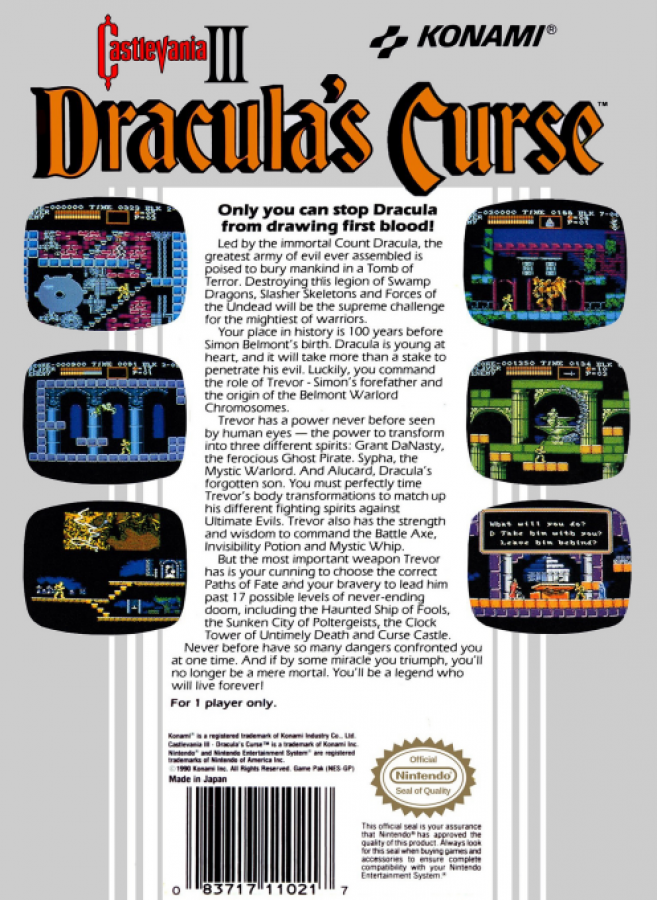 Castlevania III: Dracula's Curse back of box for Nintendo Entertainment System (NES) retro video game