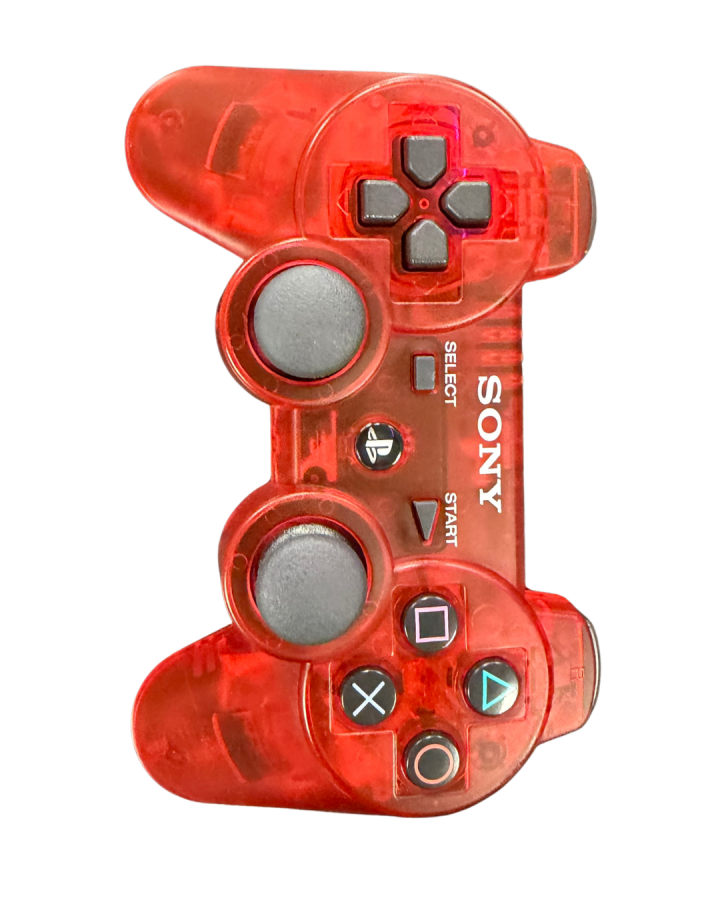 DualShock 3 Crystal Clear Red PlayStation 3 controller featuring translucent red shell wireless Bluetooth connectivity built in rechargeable battery motion sensing Sixaxis support and classic Sony PS3 gamepad design top 