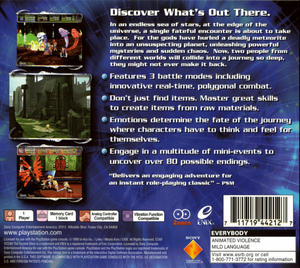 Star Ocean: The Second Story back of case for PlayStation 1 (PS1) role-playing video game