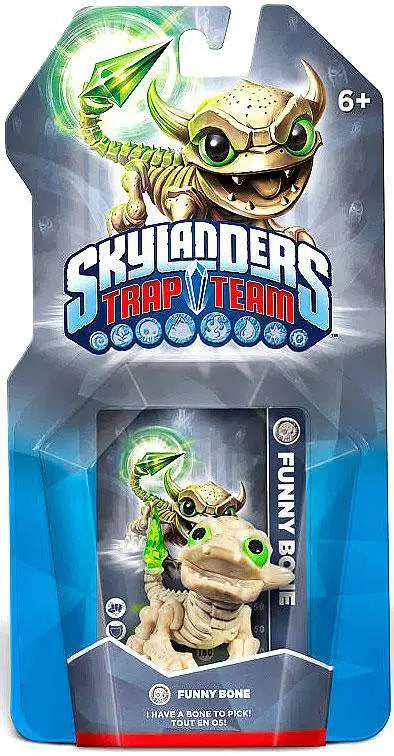 Funny Bone Skylanders Trap Team figure new in package, undead skeleton dog character with bone weapon and playful stance, detailed collectible toy on portal base from Skylanders Trap Team series