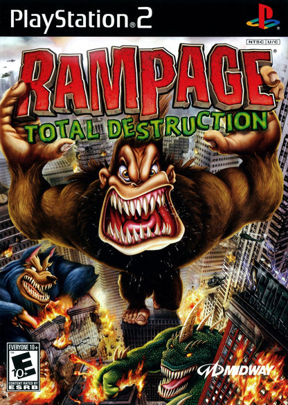 Rampage Total Destruction PS2 Sony PlayStation 2 arcade action game monster destruction city smashing gameplay cooperative multiplayer classic Rampage creatures giant monster rampaging buildings vehicles retro gaming PlayStation 2 software video game title cover art