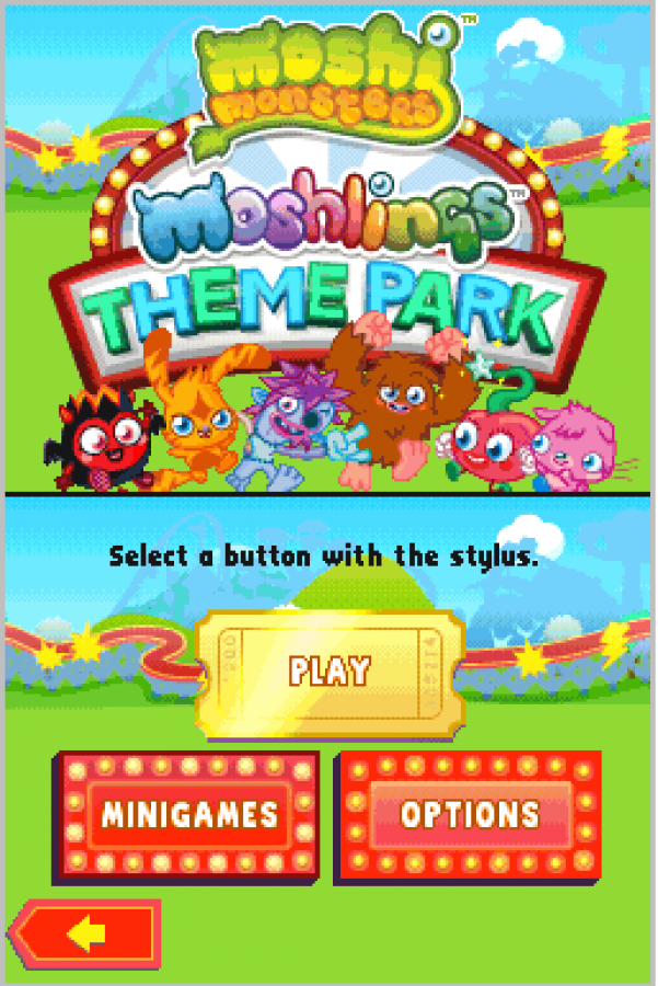 Moshi Monsters Moshlings Theme Park Nintendo DS video game, theme park management gameplay, colorful cartoon adventure, family-friendly handheld console title main menu title screen