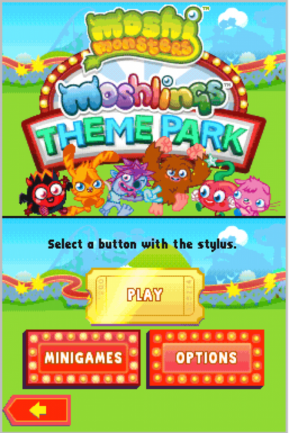 Moshi Monsters Moshlings Theme Park Nintendo DS video game, theme park management gameplay, colorful cartoon adventure, family-friendly handheld console title main menu title screen