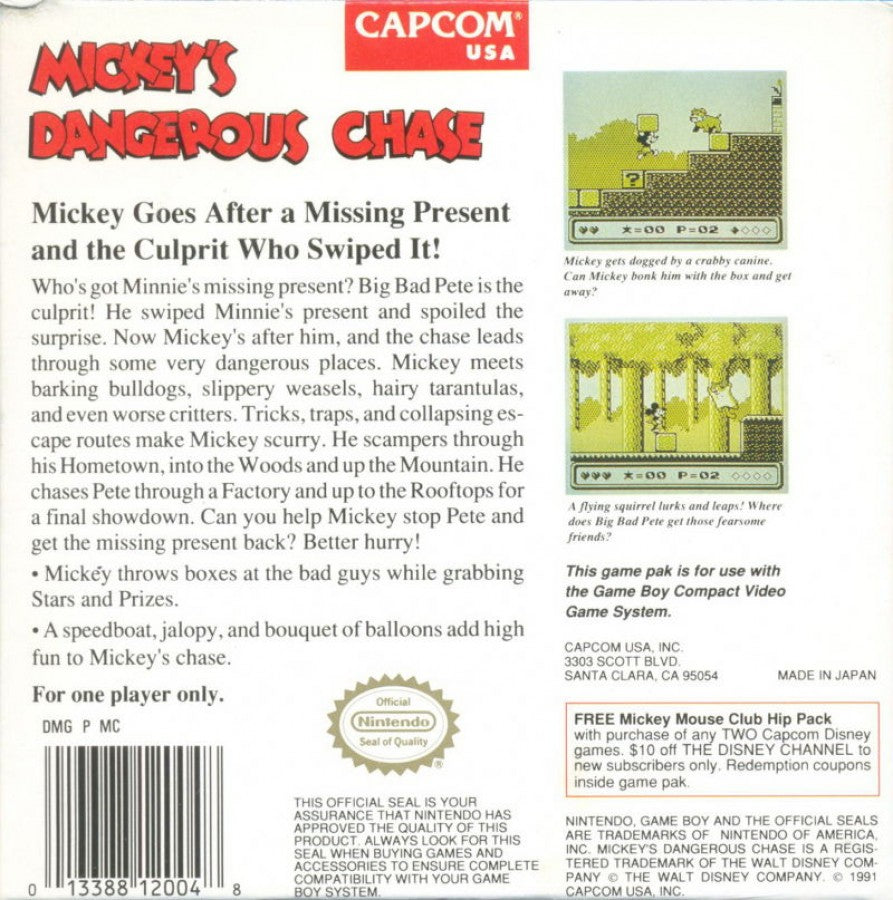 Mickey's Dangerous Chase back cover art for Game Boy (GB) video game
