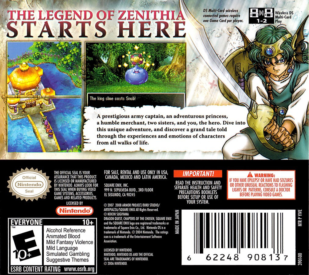 Dragon Quest IV Chapters of the Chosen Nintendo DS video game, JRPG, fantasy adventure, turn-based combat, classic Dragon Quest title back cover