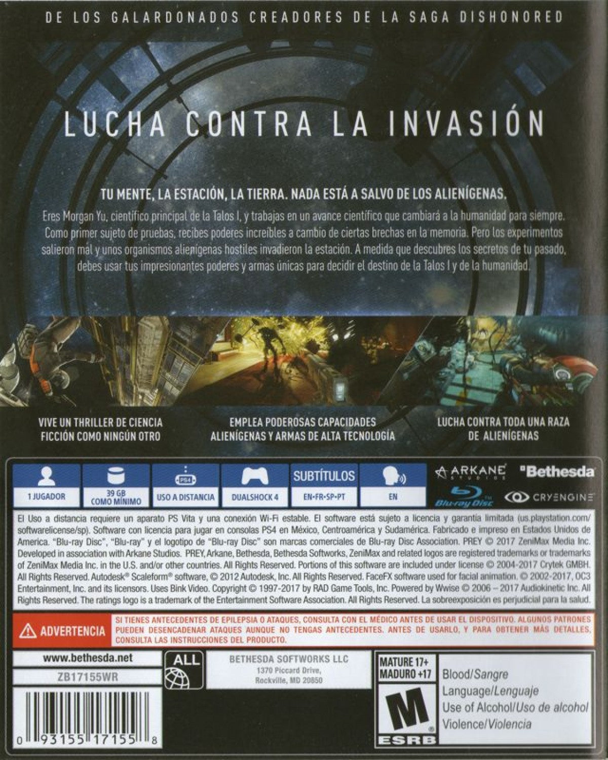 PREY back cover art for PlayStation 4 (PS4) horror-survival game. 