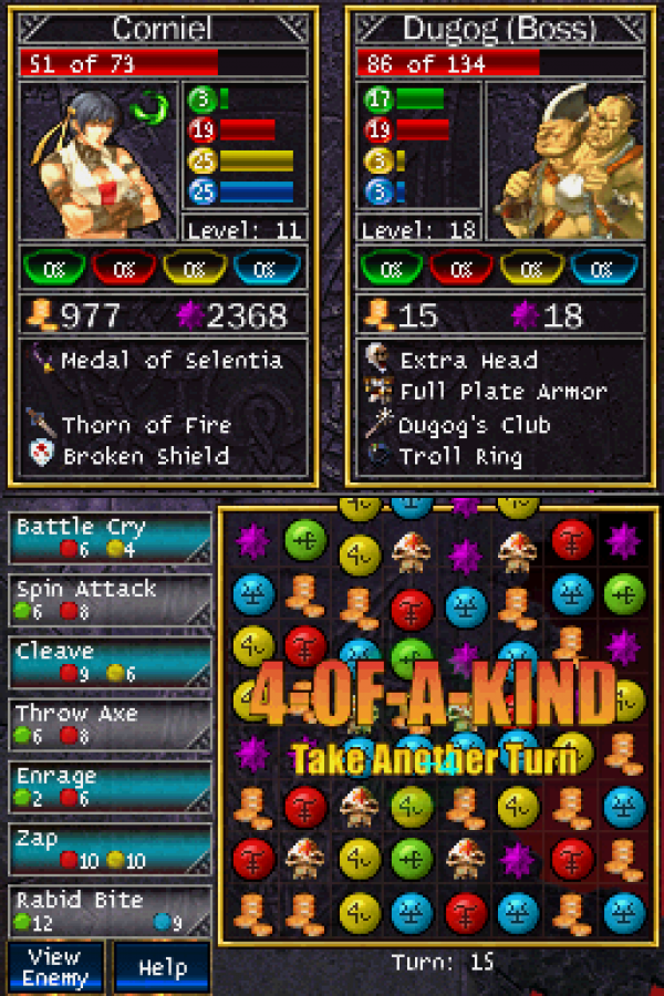 Puzzle Quest Challenge of the Warlords Nintendo DS game featuring match three puzzle RPG gameplay with turn based battles character progression quests and strategic gem matching in a fantasy adventure world gameplay