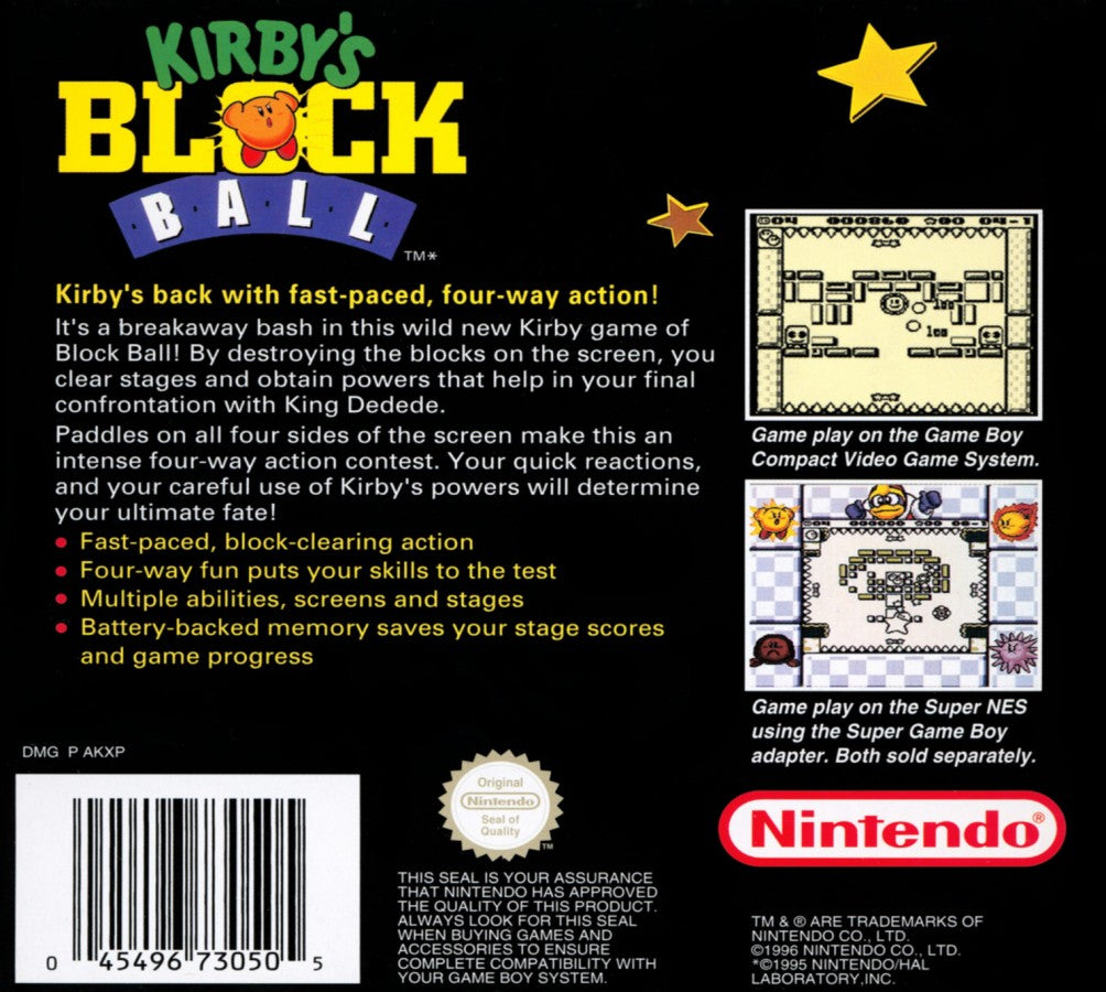 Kirby's Block Ball back cover art for Game Boy (GB) video game