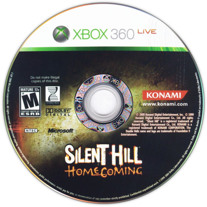 Retro Silent Hill Homecoming Xbox 360 inspired design featuring psychological survival horror aesthetic vintage HD era fog covered town disturbing creatures haunted atmosphere dark family secrets cinematic terror nostalgic Konami horror presentation disc 