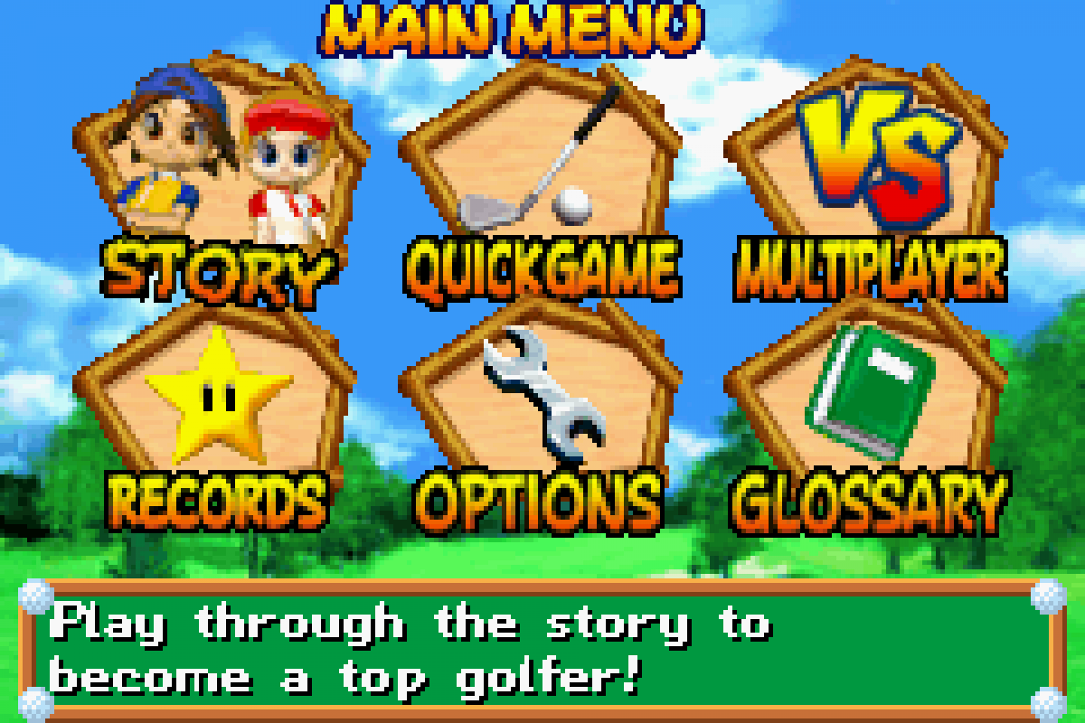 Mario Golf Advance Tour for Game Boy Advance golf sports RPG featuring Mario characters tournament mode story mode character progression handheld gameplay