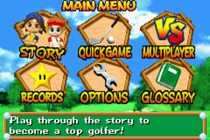 Mario Golf Advance Tour for Game Boy Advance golf sports RPG featuring Mario characters tournament mode story mode character progression handheld gameplay