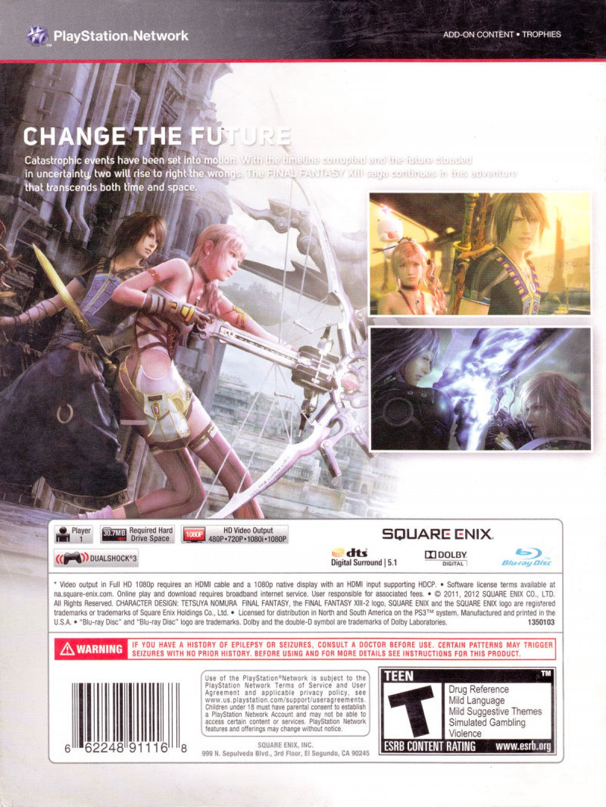 Retro Final Fantasy XIII 2 PS3 inspired design featuring futuristic JRPG fantasy aesthetic HD era time travel adventure Lightning and Serah sci fi worlds cinematic storytelling fast paced battle system nostalgic Square Enix role playing presentation back cover art