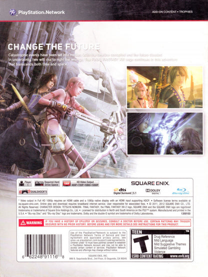 Retro Final Fantasy XIII 2 PS3 inspired design featuring futuristic JRPG fantasy aesthetic HD era time travel adventure Lightning and Serah sci fi worlds cinematic storytelling fast paced battle system nostalgic Square Enix role playing presentation back cover art
