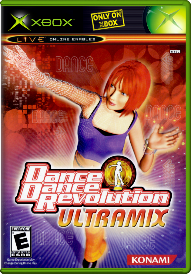 Dance Dance Revolution Ultramix game cover for Xbox with a dancer and Konami logo.
