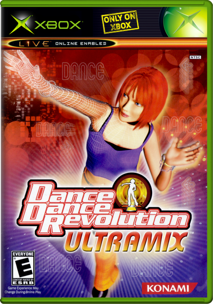Dance Dance Revolution Ultramix game cover for Xbox with a dancer and Konami logo.