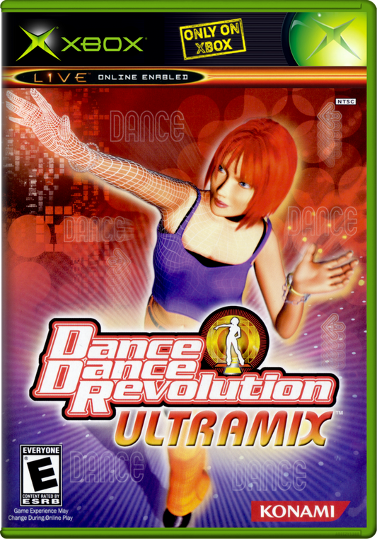 Dance Dance Revolution Ultramix game cover for Xbox with a dancer and Konami logo.