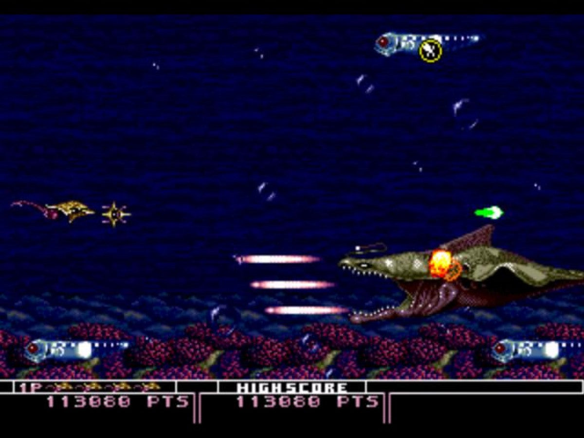 Bio-Hazard Battle game for the Sega Genesis featuring side scrolling shoot em up gameplay with organic themed environments weapon upgrades cooperative multiplayer and fast paced action as players pilot biomechanical ships through alien worlds gameplay  