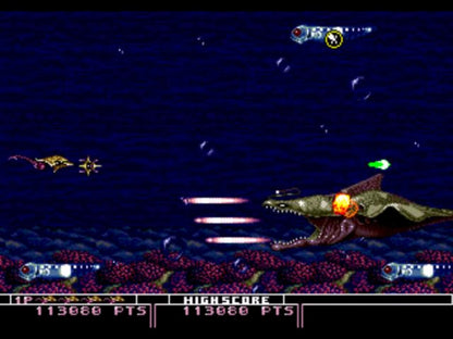 Bio-Hazard Battle game for the Sega Genesis featuring side scrolling shoot em up gameplay with organic themed environments weapon upgrades cooperative multiplayer and fast paced action as players pilot biomechanical ships through alien worlds gameplay  
