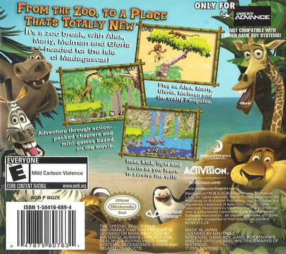Madagascar Game Boy Advance GBA video game, action adventure platformer, animated movie tie-in, family-friendly handheld console title back cover