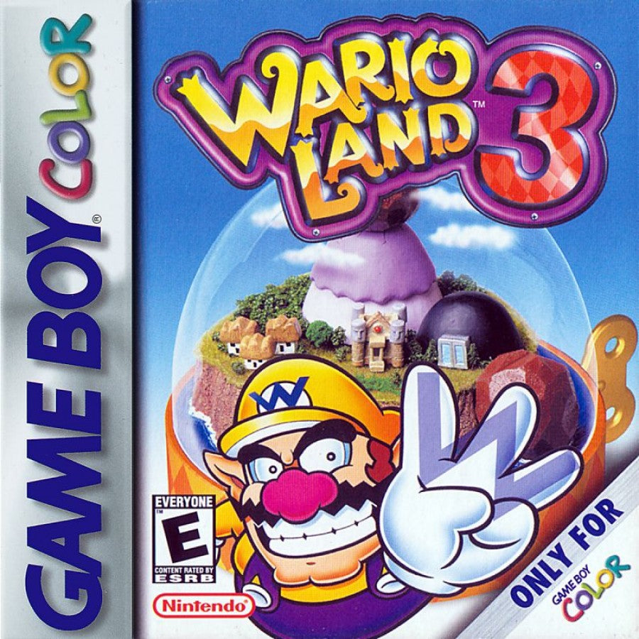 Retro Wario Land 3 Game Boy Color inspired design featuring classic Nintendo platform adventure aesthetic colorful treasure hunting gameplay quirky cartoon style side scrolling action puzzle exploration nostalgic handheld gaming presentation box front
