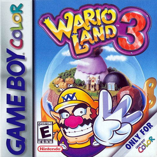 Retro Wario Land 3 Game Boy Color inspired design featuring classic Nintendo platform adventure aesthetic colorful treasure hunting gameplay quirky cartoon style side scrolling action puzzle exploration nostalgic handheld gaming presentation box front