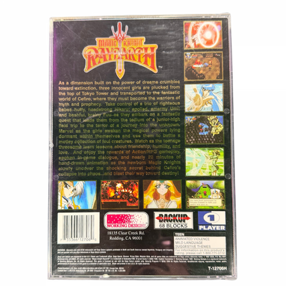 Magic Knight Rayearth Sega Saturn action RPG anime based fantasy adventure CLAMP storyline real time combat exploration magic attacks Working Designs localization colorful Japanese RPG retro gaming Sega Saturn software video game title back cover art 