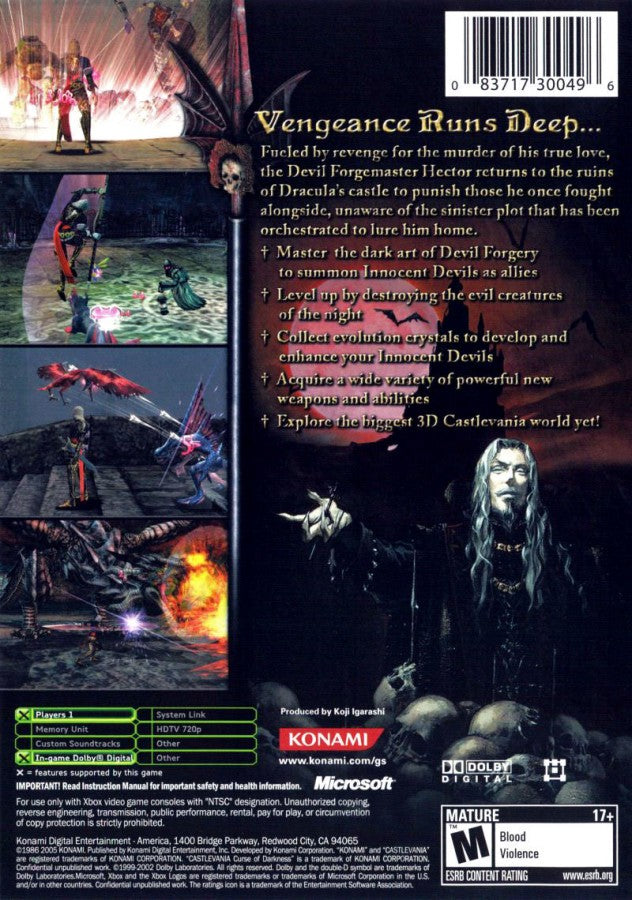 Castlevania Curse of Darkness Xbox game featuring action RPG combat, gothic horror atmosphere, and an epic dark fantasy adventure back cover art