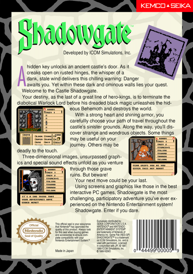Shadowgate Nintendo Entertainment System NES video game featuring fantasy adventure gameplay castle exploration puzzle solving item collection mysterious environments dangerous traps and challenging point and click style gameplay classic 8 bit retro video game collection collectible gaming appeal back cover art
