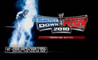 WWE SmackDown vs. Raw 2010 title screen for Nintendo Wii (Wii) featuring authentic wrestling action with WWE superstars, customizable storylines, and motion‑controlled matches.