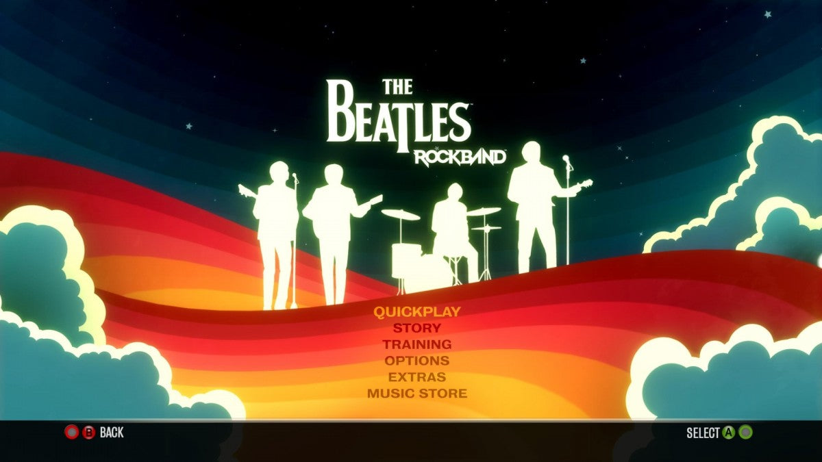 The Beatles: Rock Band start screen for Xbox 360 (X360) music rhythm video game