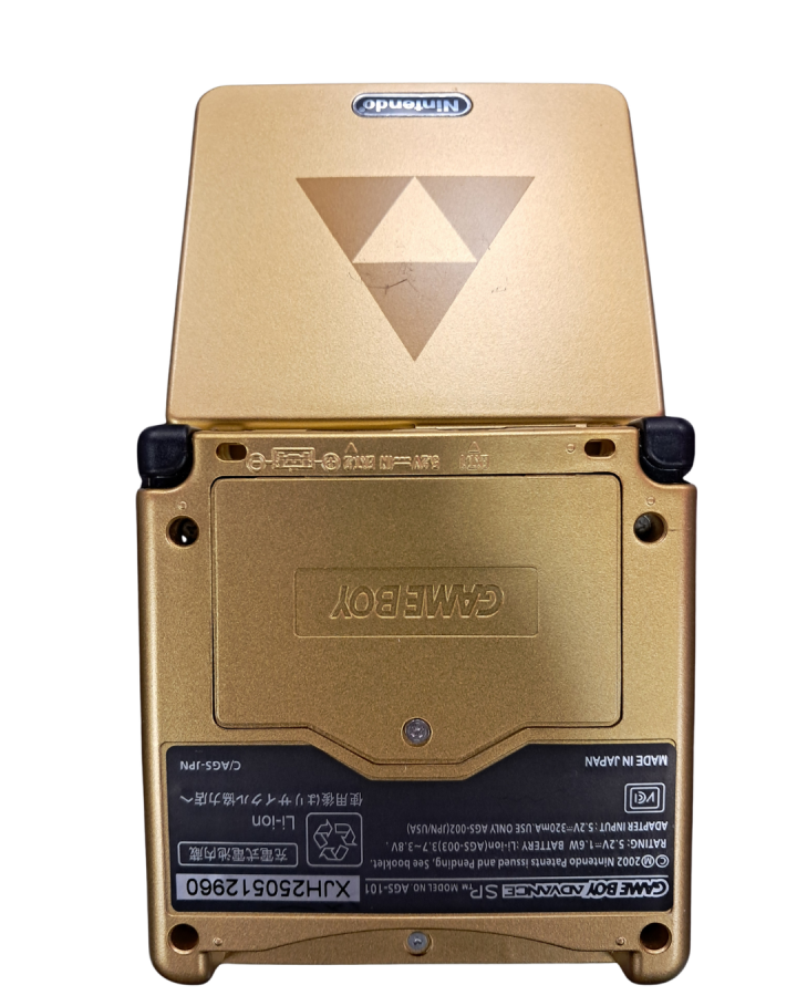 Game Boy Advance SP AGS-101 Custom Hyrule Shell Nintendo Game Boy Advance SP handheld console AGS-101 model with backlit screen custom Hyrule themed shell clamshell design rechargeable battery portable retro gaming system open back