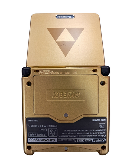 Game Boy Advance SP AGS-101 Custom Hyrule Shell Nintendo Game Boy Advance SP handheld console AGS-101 model with backlit screen custom Hyrule themed shell clamshell design rechargeable battery portable retro gaming system open back
