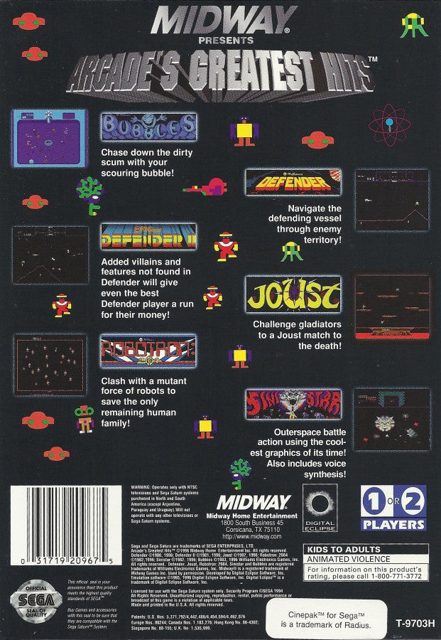 Williams Greatest Arcade Hits Sega Saturn arcade compilation collection classic Williams titles including Joust Robotron 2084 Defender Stargate arcade ports retro gaming compilation Sega Saturn software video game title back cover art