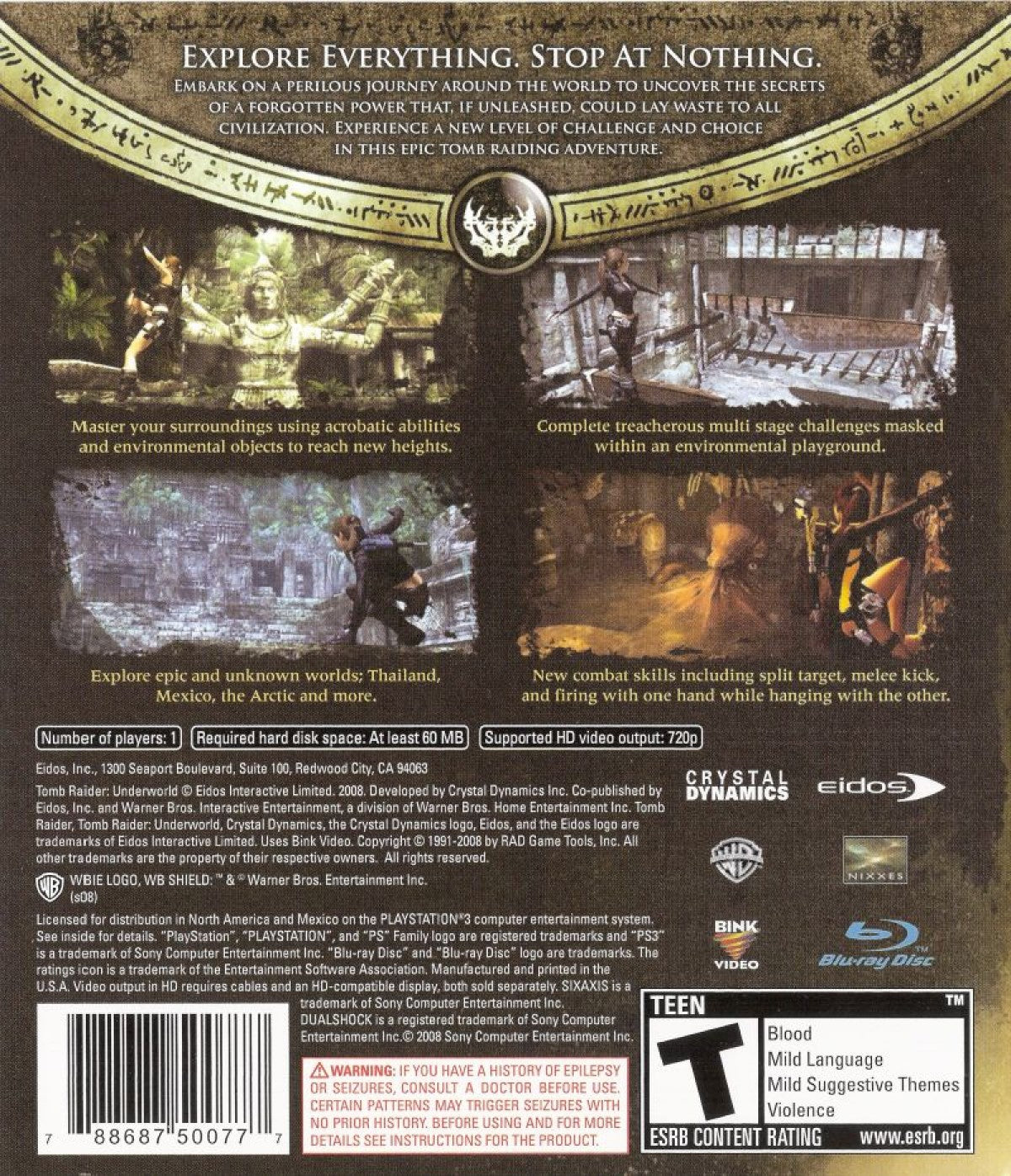 Tomb Raider Underworld PlayStation 3 PS3 for retro video game enthusiasts featuring action adventure gameplay cinematic exploration ancient tomb puzzles platforming challenges acrobatic traversal third person combat Lara Croft treasure hunting and collectible gaming appeal back cover  