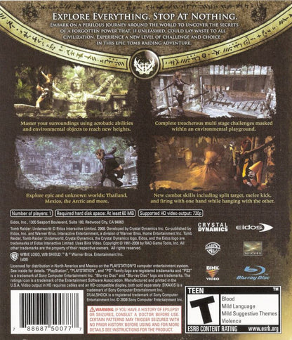 Tomb Raider Underworld PlayStation 3 PS3 for retro video game enthusiasts featuring action adventure gameplay cinematic exploration ancient tomb puzzles platforming challenges acrobatic traversal third person combat Lara Croft treasure hunting and collectible gaming appeal back cover  