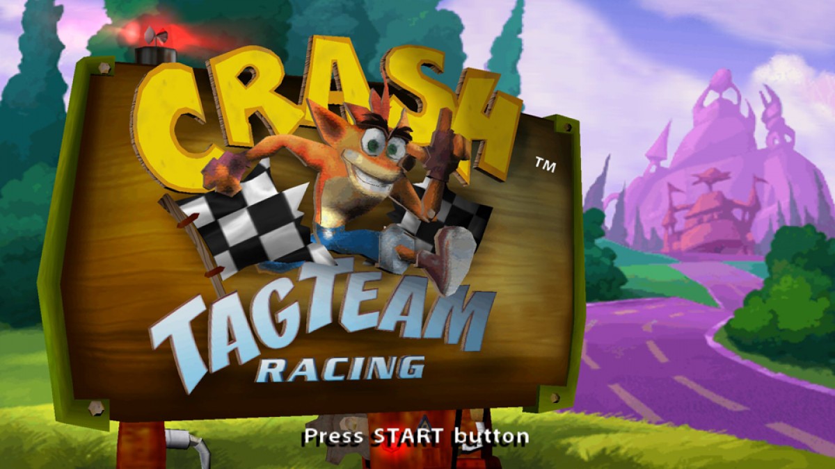 Crash Tag Team Racing for PlayStation 2 (PS2) featuring the hilarious fusion of high-speed racing and platforming adventure where you can "clash" your vehicle with an opponent's to create a powerful hybrid turret-car; explore Von Clutch's Motor World on foot, solve puzzles, and collect Power Gems in this wacky, combat-heavy twist on the Crash Bandicoot racing formula main menu title screen
